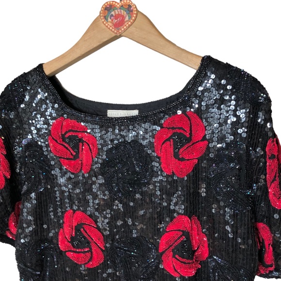 VTG Silk Sequin Beaded Floral Evening Top Megan Barrett Sz S - Picture 7 of 11